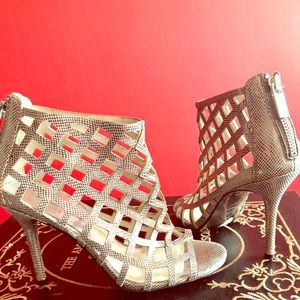 Metallic silver peep toe booties